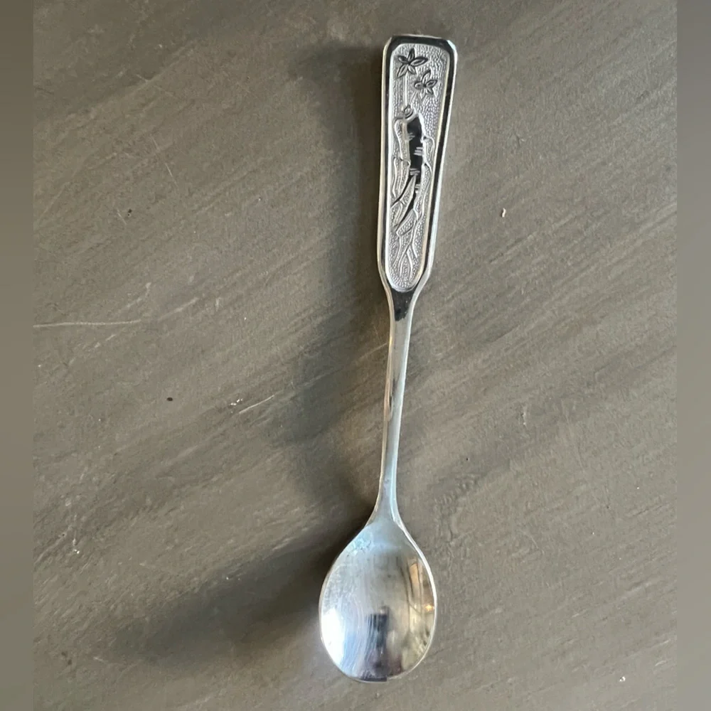 Vintage Korean Stainless Steel Spoon with Engraved Ginseng Root Handle